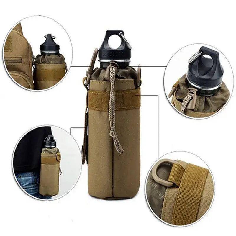 Tactical water bottle holder with insulated sleeve and attachment straps.