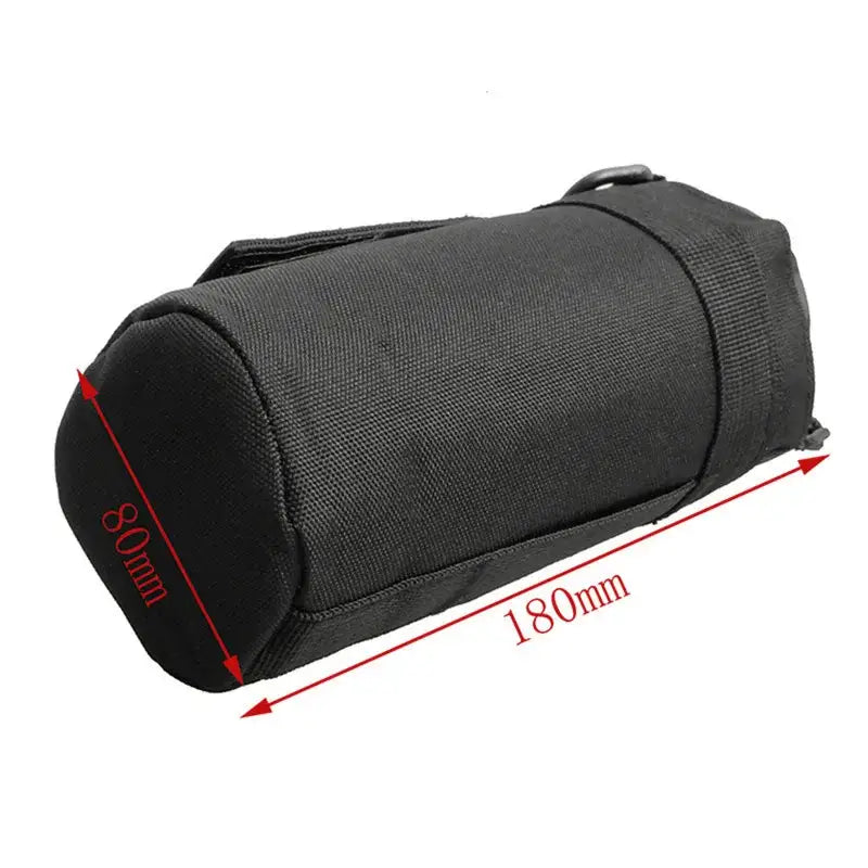 Cylindrical black camera lens case with dimensions labeled.