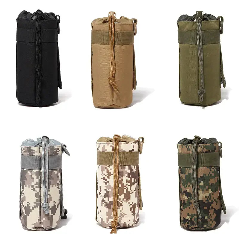 Cylindrical tactical pouches or bottle holders in various colors and camouflage patterns.