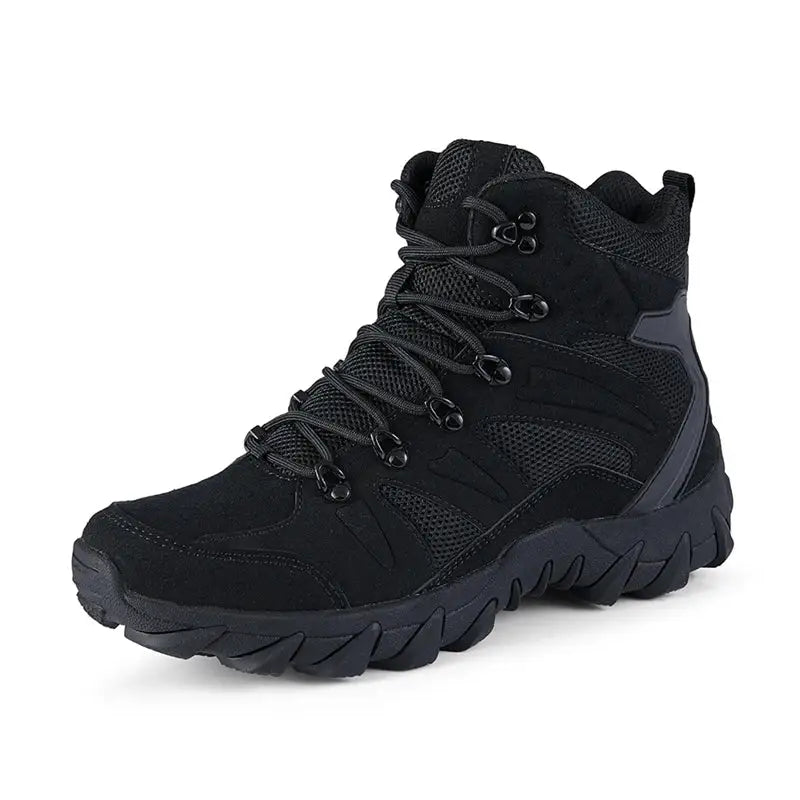 Black hiking boot with rugged sole and lace-up design.