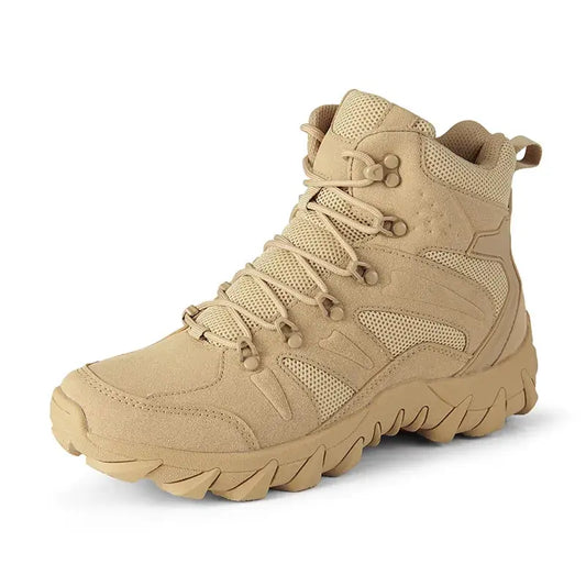 Tan tactical or hiking boot with a rugged sole and lace-up design.