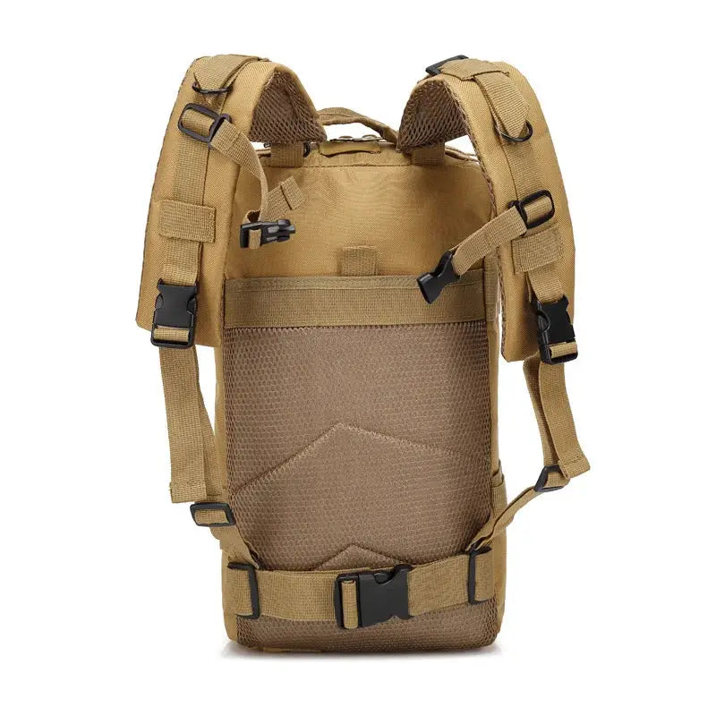 Tan tactical backpack with adjustable straps and mesh backing.