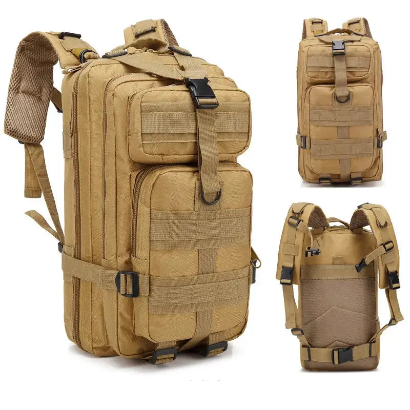 Tactical military-style backpack in tan color with multiple compartments and MOLLE webbing.