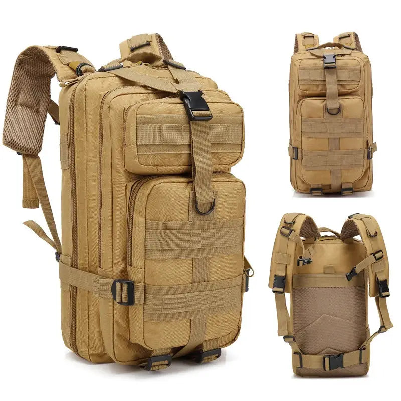 Tan tactical military-style backpack with multiple compartments and MOLLE webbing.