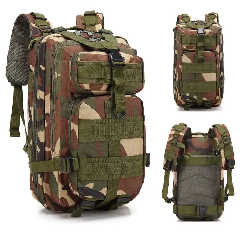 Military-style camouflage backpack with multiple compartments and straps.