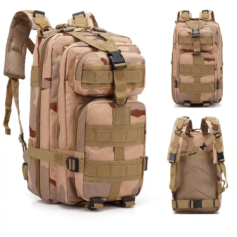 Tactical military-style backpack in desert camouflage colors with multiple compartments and MOLLE webbing.