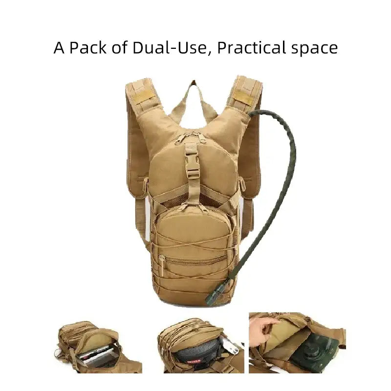 Tan tactical hydration backpack with multiple compartments and a drinking tube.