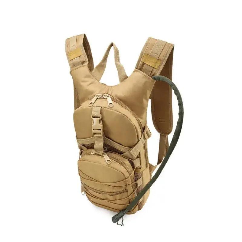 Tan tactical hydration backpack with multiple compartments and straps.