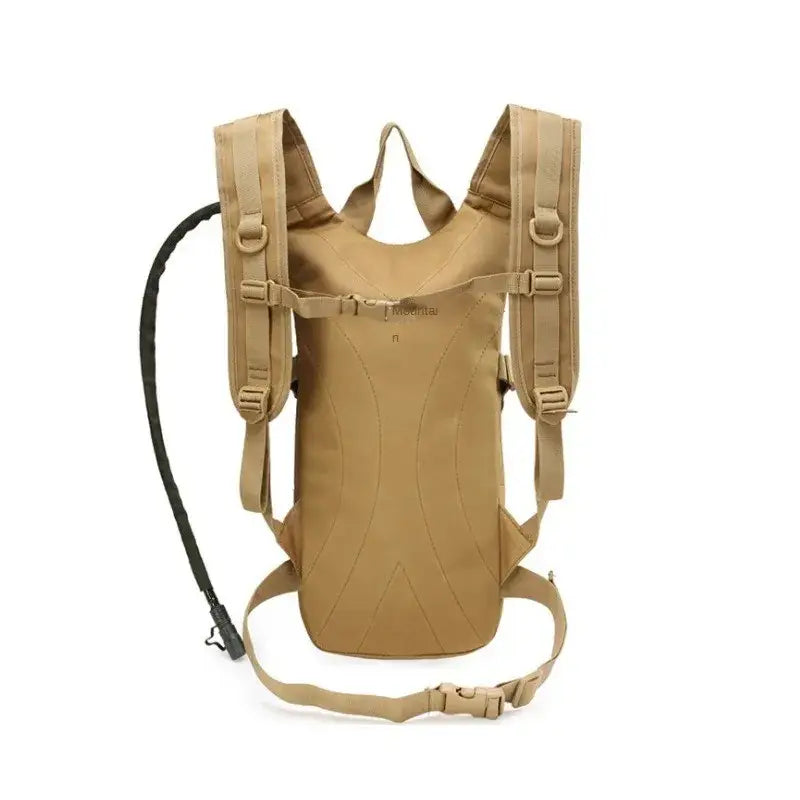 Tan tactical hydration backpack with adjustable straps and a drinking tube.