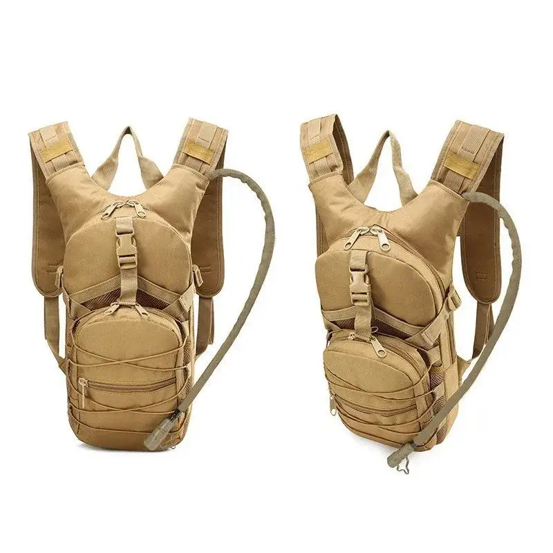 Tan tactical hydration backpacks with multiple compartments and straps.