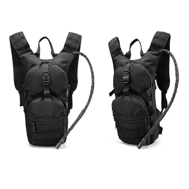 Black tactical hydration backpacks with multiple compartments and straps.