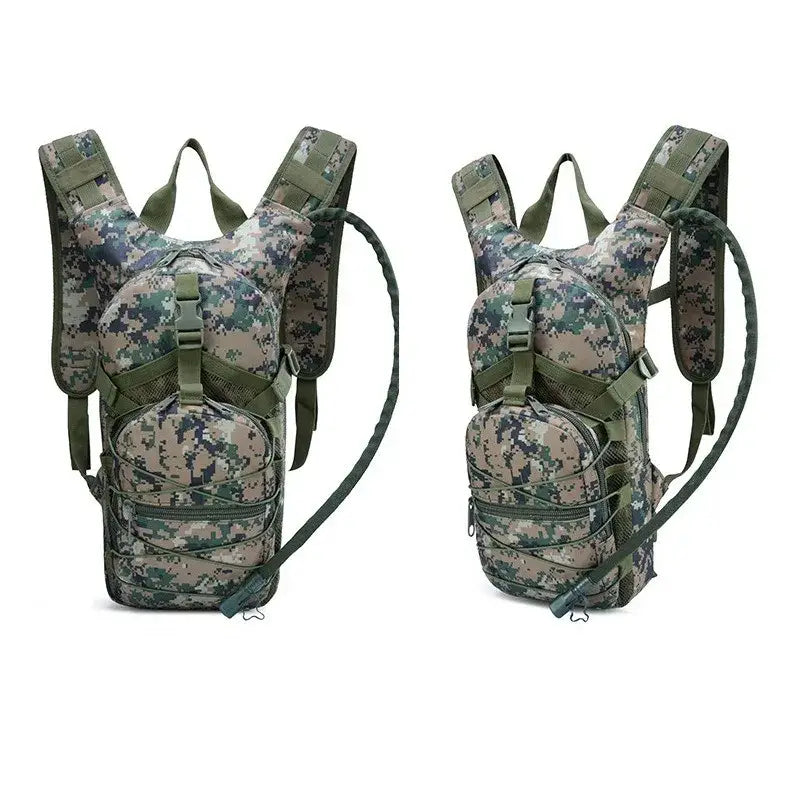 Camouflage military-style hydration backpacks with multiple pockets and straps.