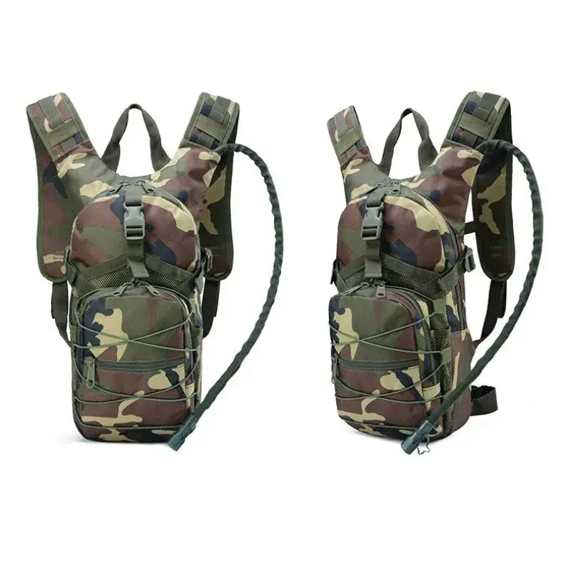 Camouflage-patterned backpacks with multiple compartments and straps.