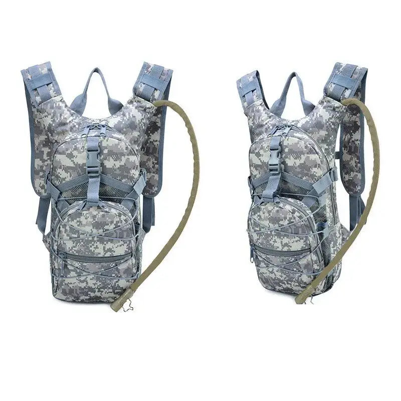 Camouflage-patterned hydration backpacks with multiple pockets and straps.