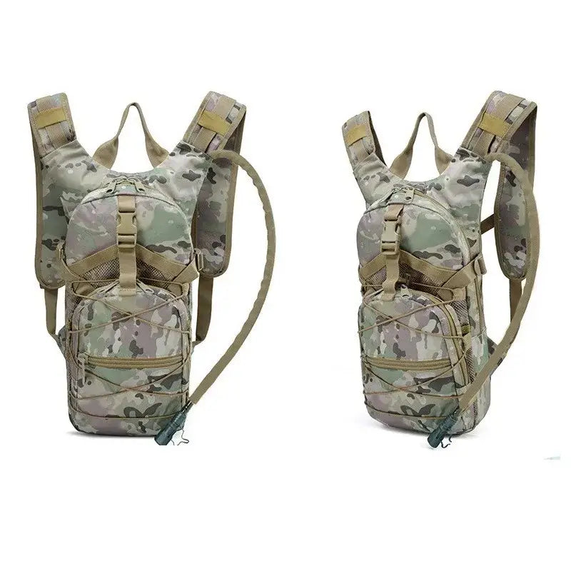 Camouflage-patterned tactical backpacks with multiple compartments and straps.