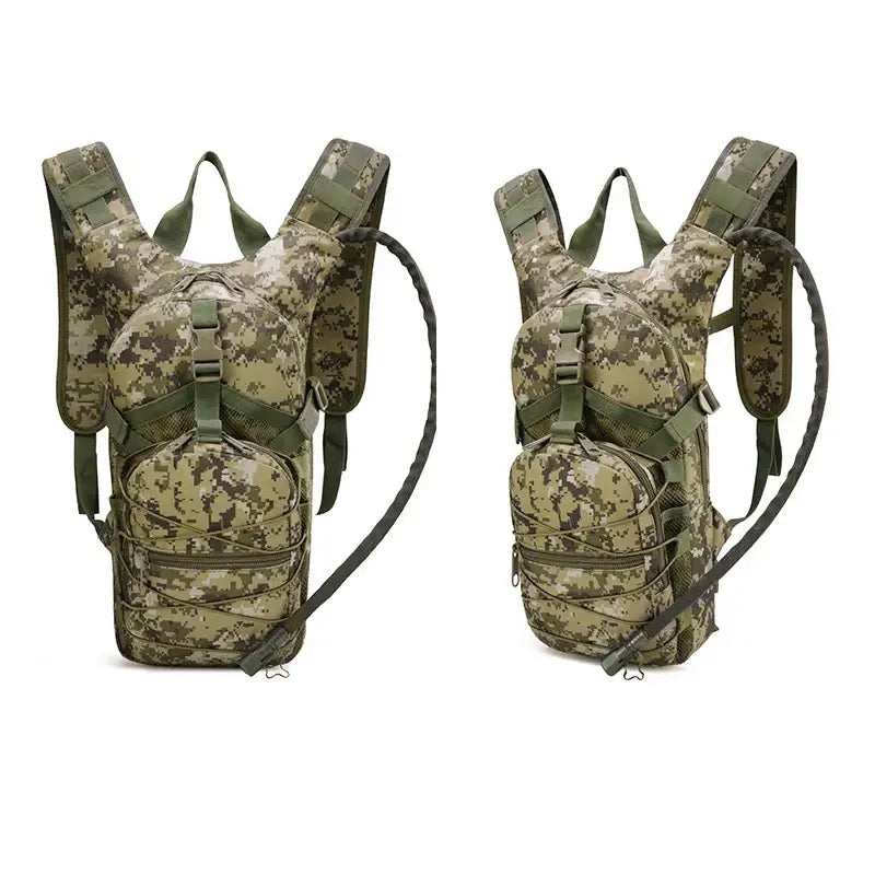 Military-style camouflage hydration backpacks with multiple compartments and straps.