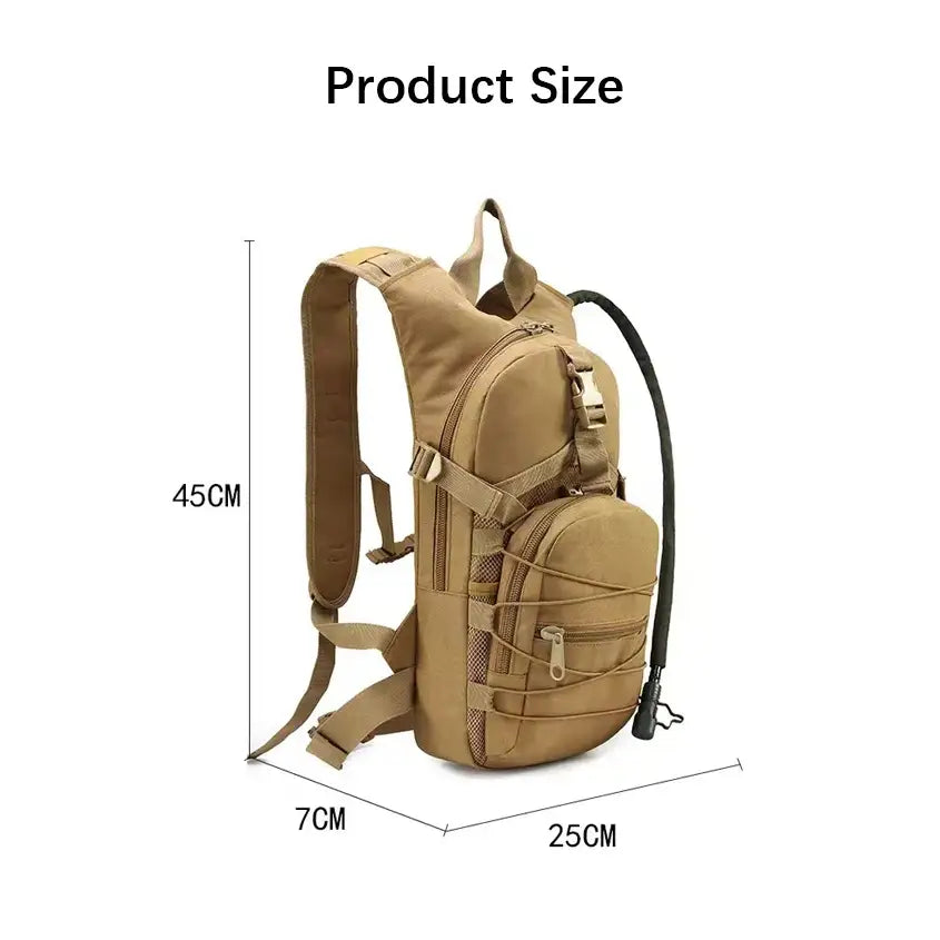 Tan tactical backpack with multiple compartments and straps.