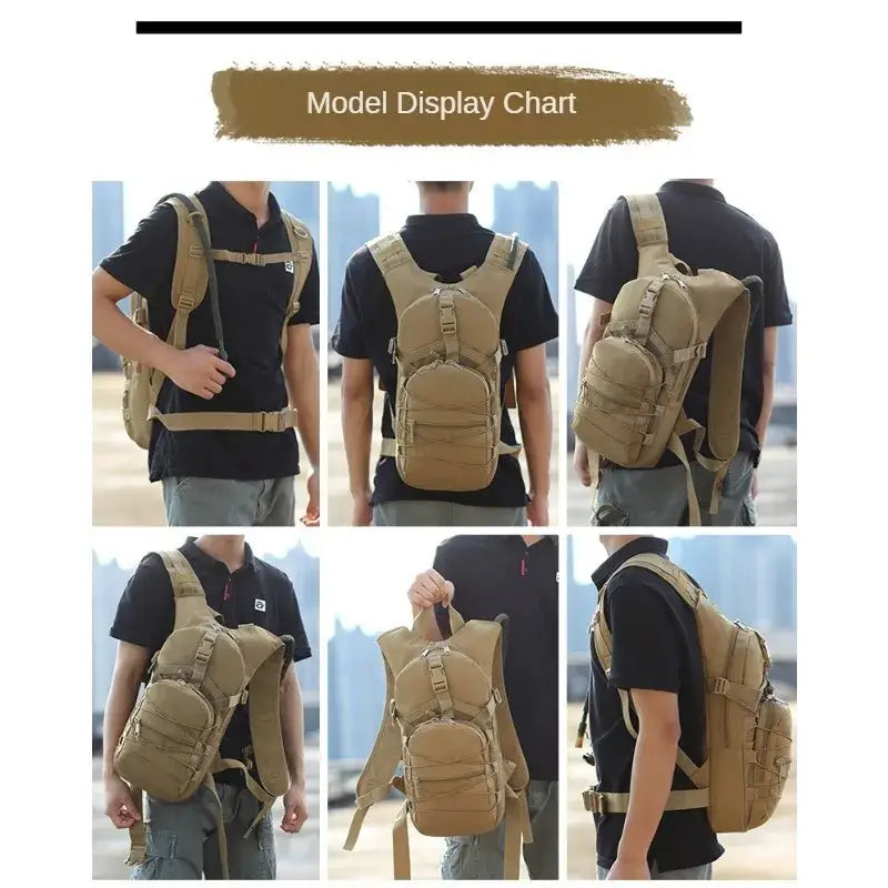 Tactical backpack shown from multiple angles on different models.