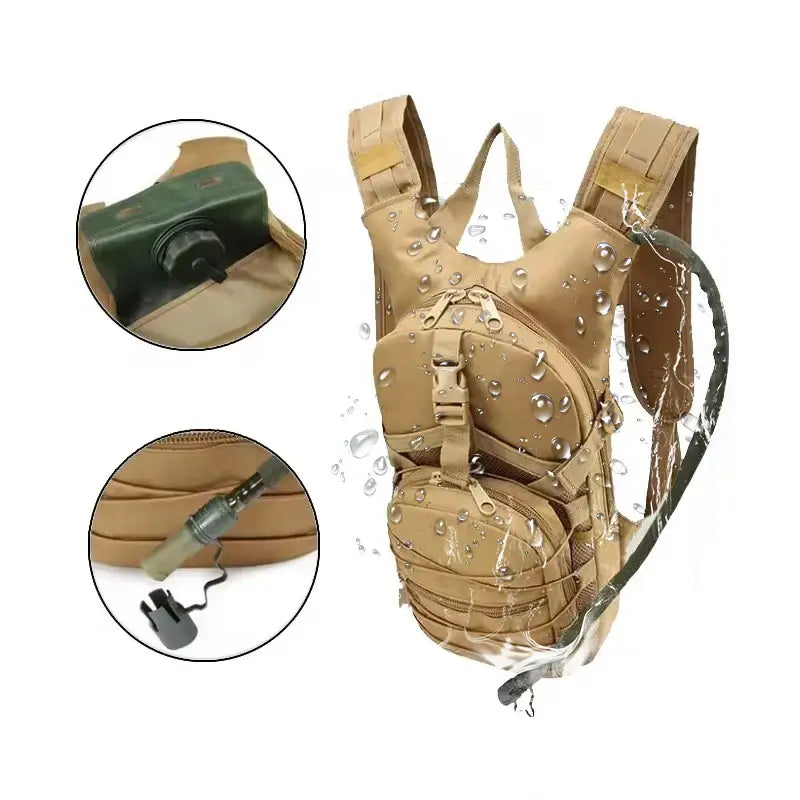 Tactical backpack with multiple compartments in a desert camouflage pattern.