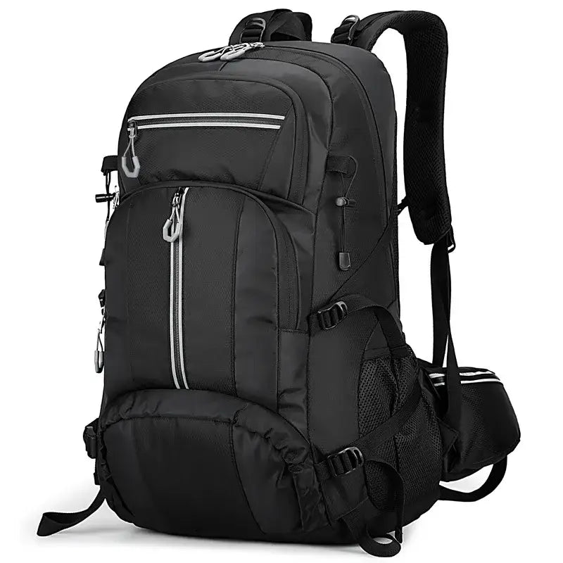 Black multi-compartment backpack with padded straps and multiple zippers.