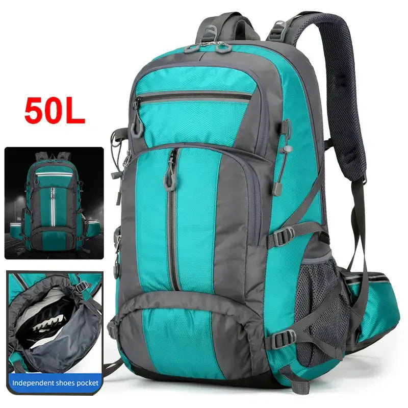 Teal and gray hiking backpack with multiple compartments and straps.