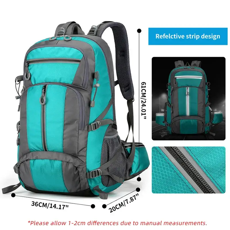 Teal and gray hiking backpack with multiple compartments and reflective strips.