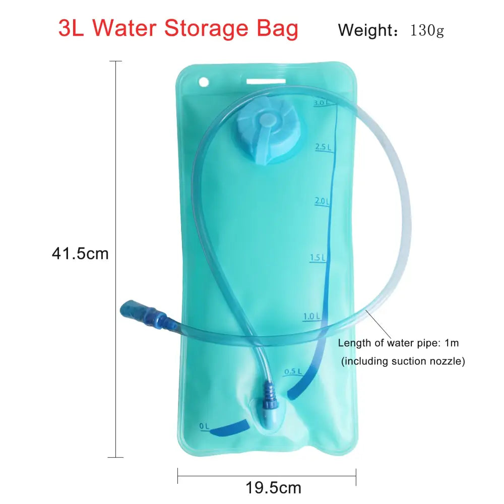 Teal-colored flexible water storage bag with measurement markings and a drinking tube.