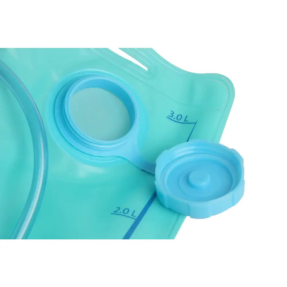 Teal-colored hydration bladder or water reservoir with measurement markings and a screw-on cap.