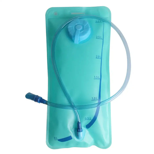 Hydration bladder or water reservoir for backpacks with a drinking tube attached.