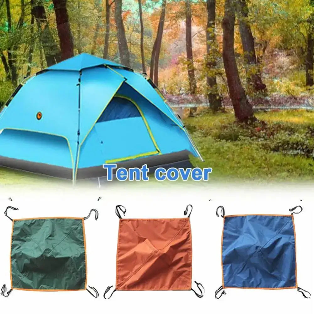 Bright blue camping tent set up in a forest setting.