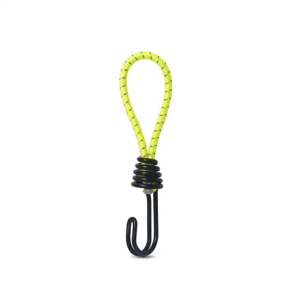 Bungee cord with a black metal hook attached.