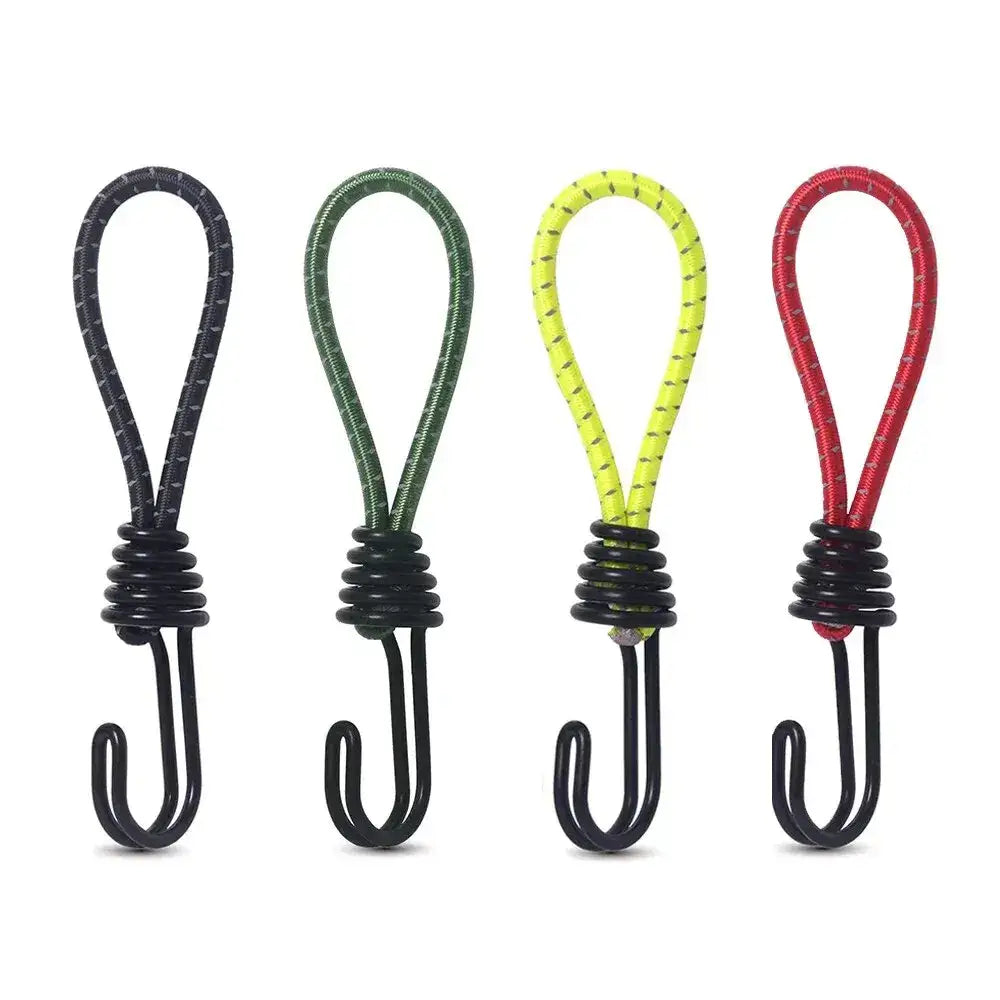 Set of four bungee cords with hooks in different colors.