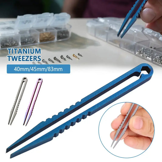 Blue titanium tweezers with a textured grip and pointed tips.