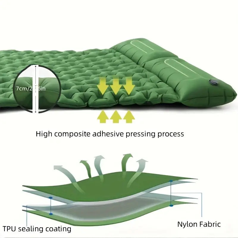 Inflatable camping sleeping pad with a textured surface and built-in pillow.