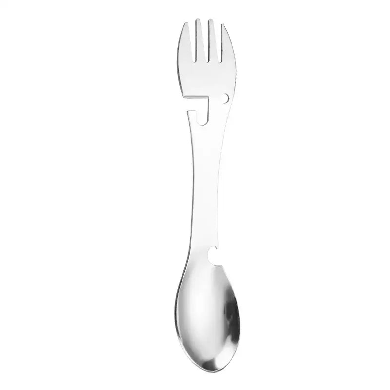 Combination utensil merging a fork and spoon into a single piece.