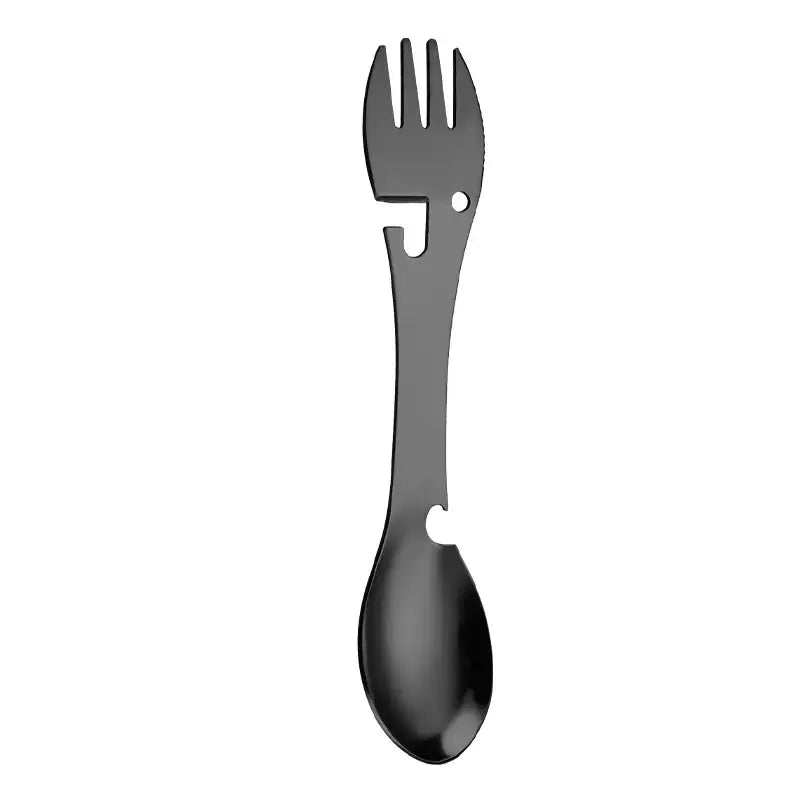 Combination utensil featuring a spoon bowl and fork tines.