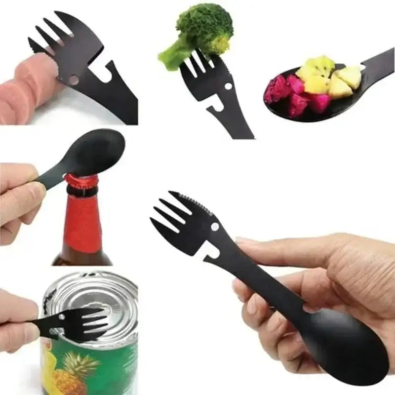 Multi-functional utensil combining a fork, spoon, and bottle opener in one tool.