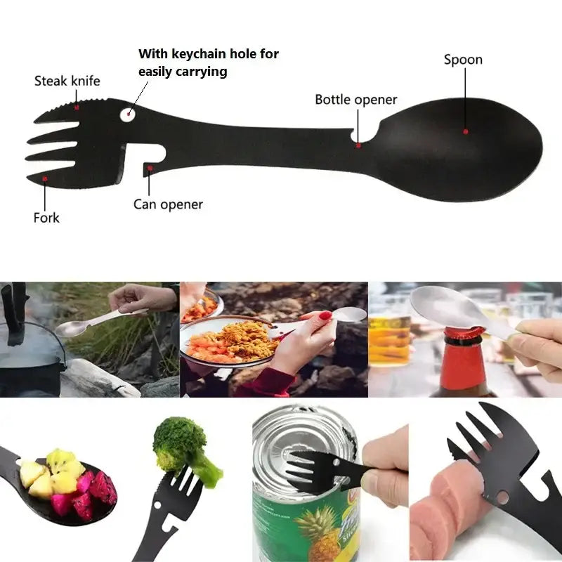 Multi-functional utensil combining a spoon, fork, bottle opener, and can opener in one compact tool.