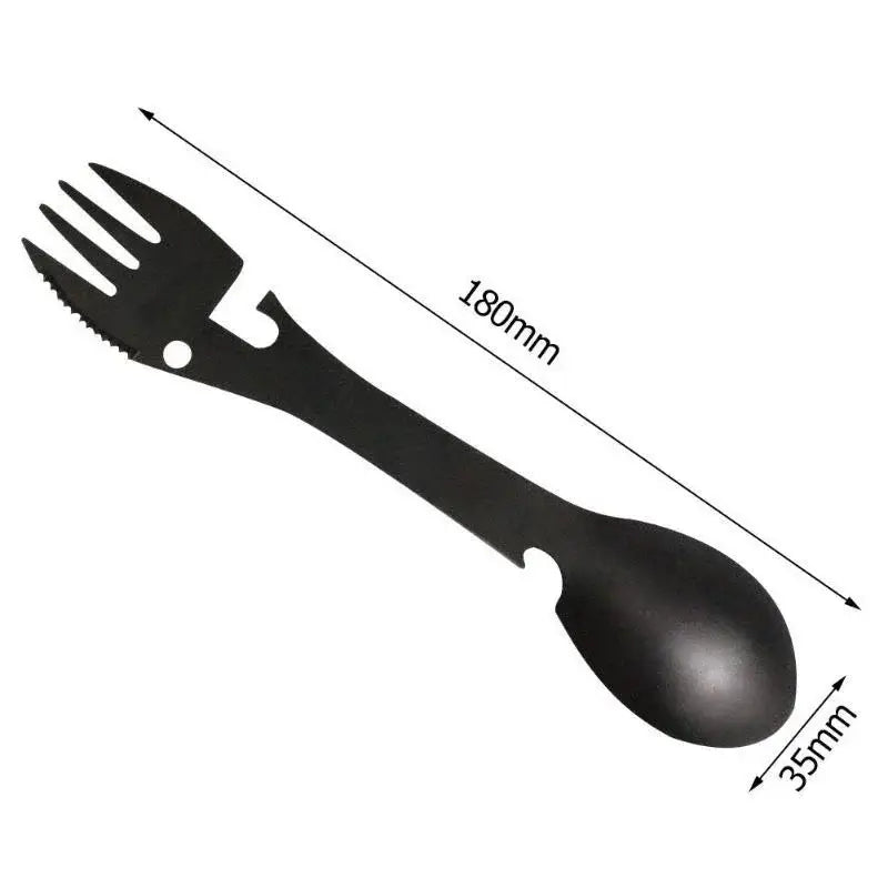 Multifunctional utensil combining a fork, spoon, and bottle opener in one tool.