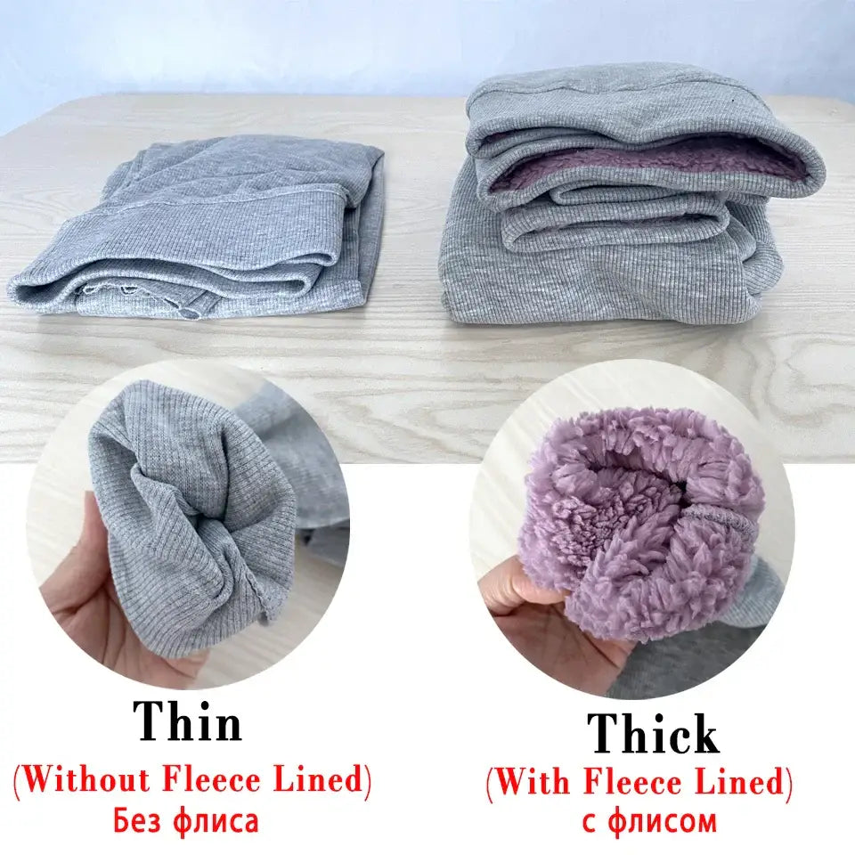 Fleece-lined socks or leg warmers shown in thin and thick versions.