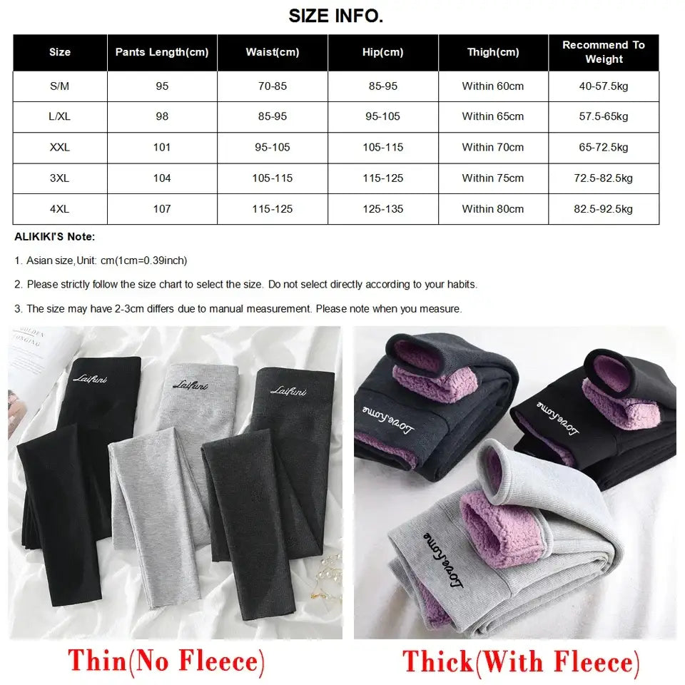 Size chart and product images for leggings or pants, showing thin and thick fleece-lined options.