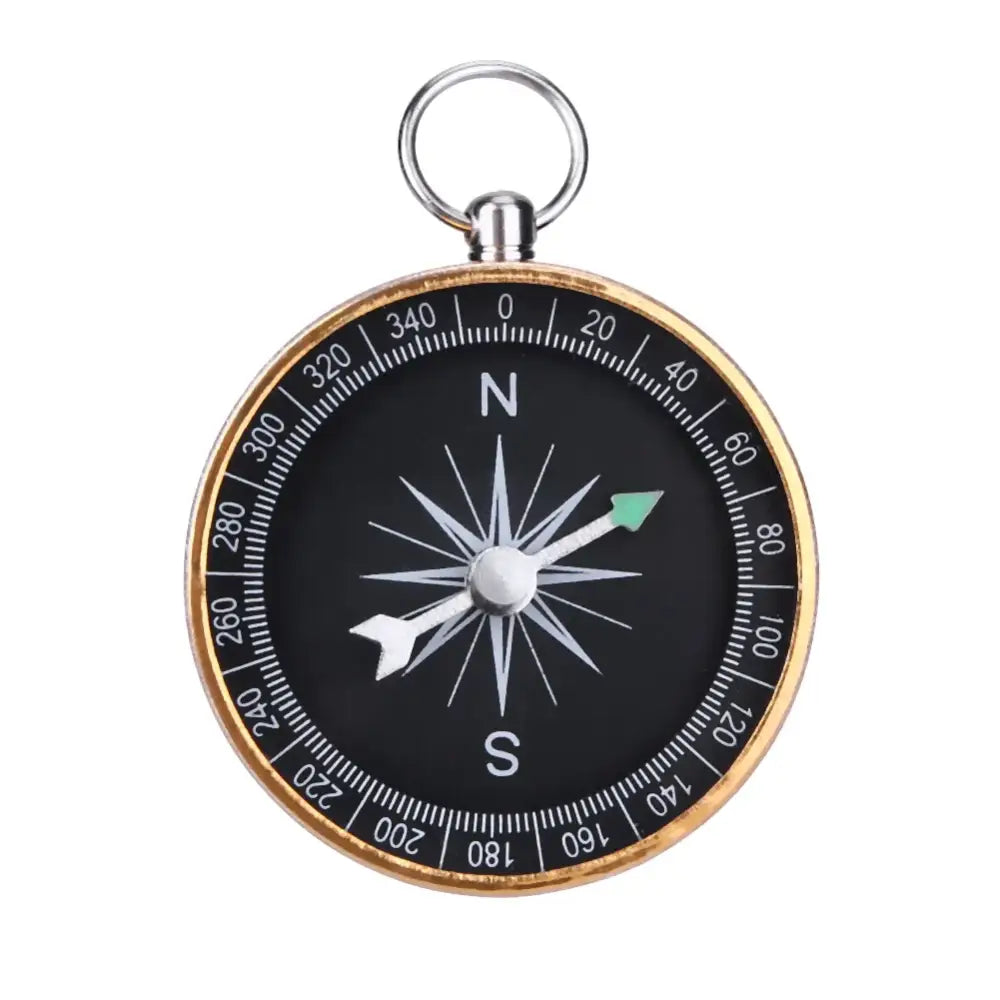 Compass with a black face, white markings, and a gold-colored rim.