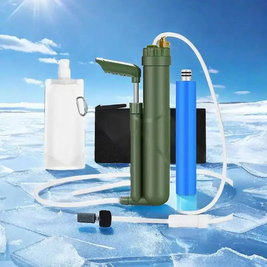 Water filtration system with multiple components including bottles and filters.