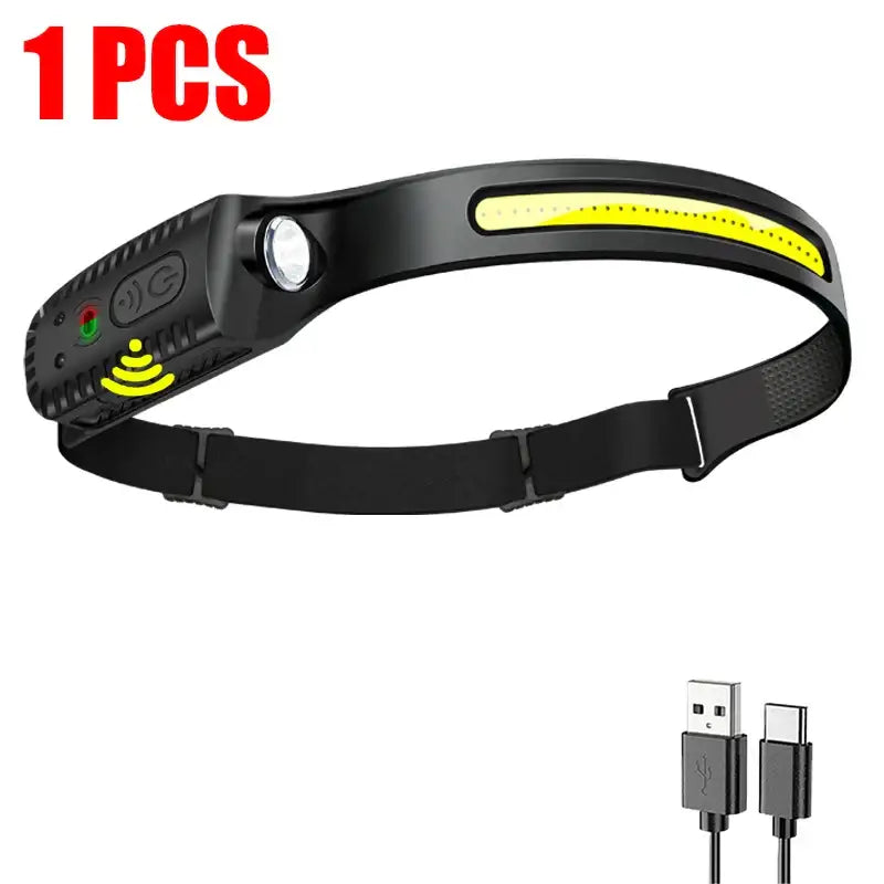 Rechargeable LED headlamp with adjustable strap and USB charging cable.