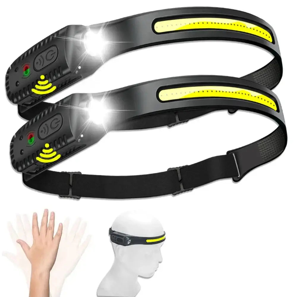 LED headlamp with dual lights and adjustable strap.