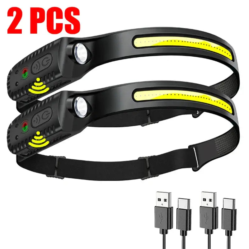 LED running lights with adjustable headbands and USB charging cables.