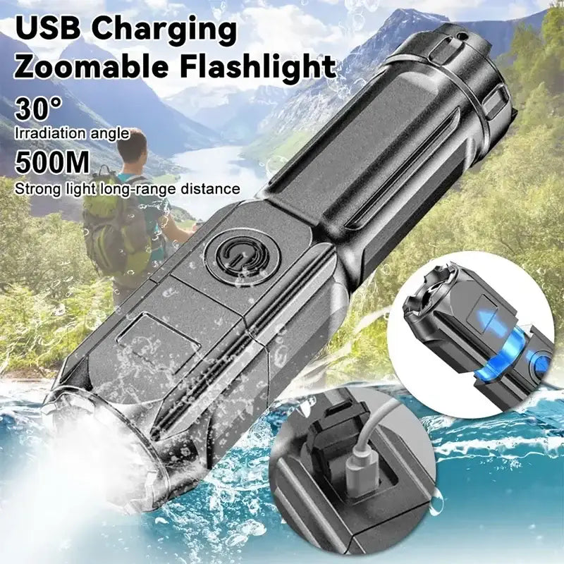 USB rechargeable zoomable flashlight with a 30-degree irradiation angle and 500-meter strong illumination range.