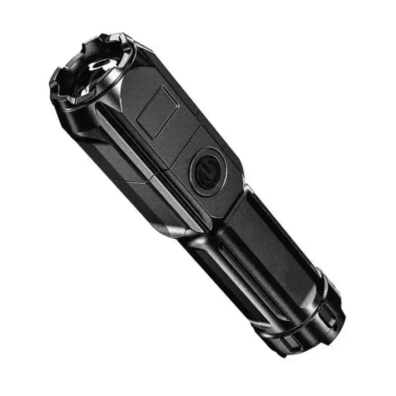 Black tactical flashlight with a textured grip and clip attachment.