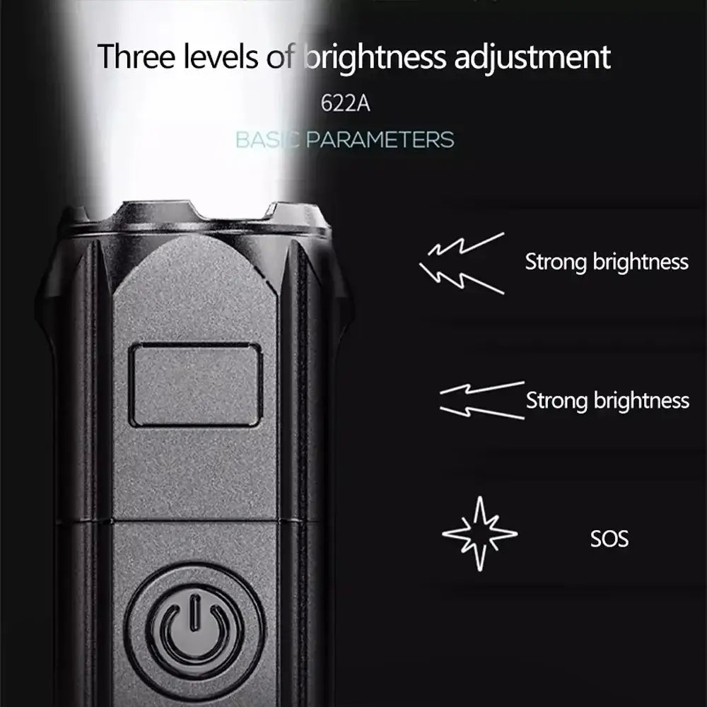 Compact electronic device with a power button and brightness adjustment levels.