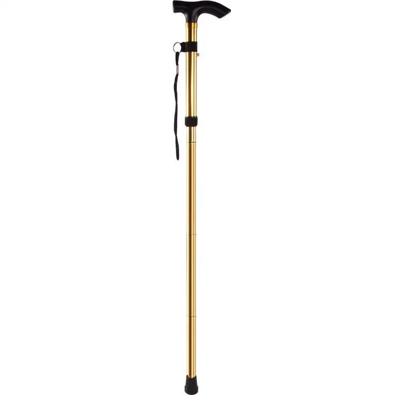 Adjustable gold-colored walking cane with a black handle and rubber tip.